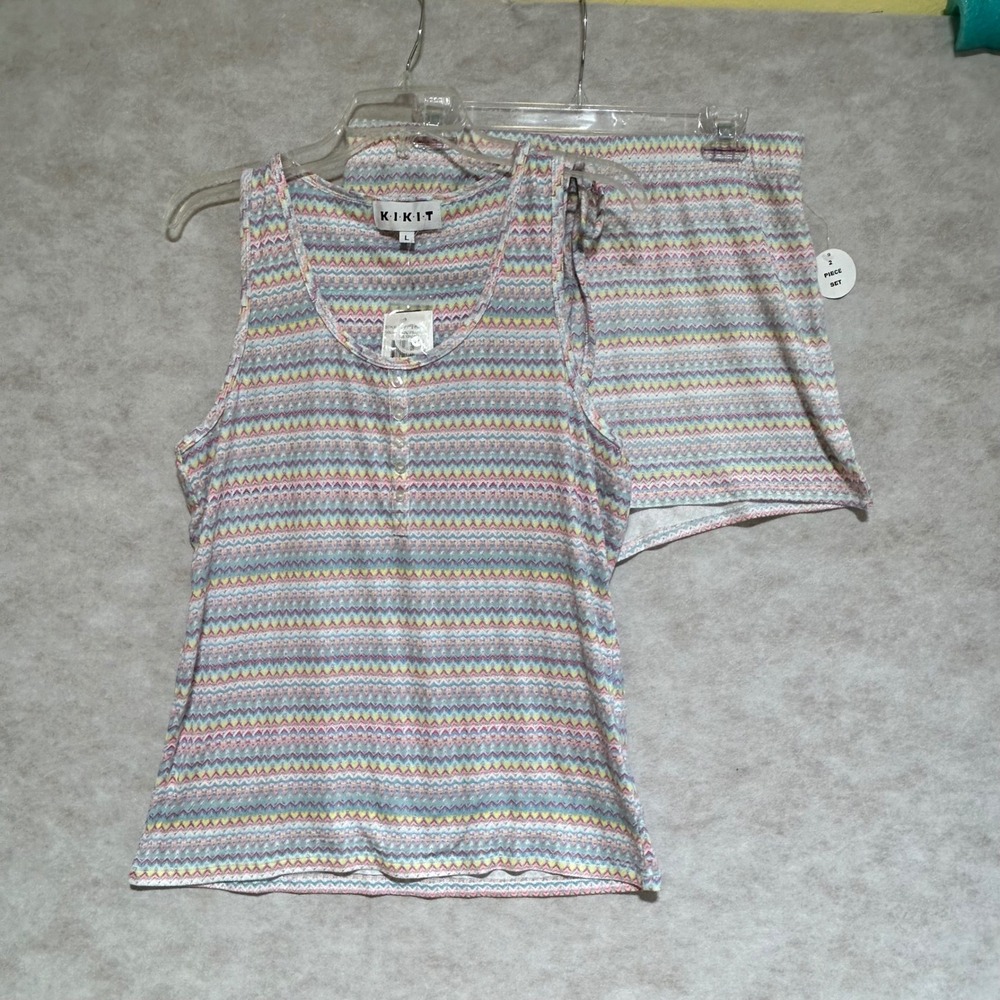 KIKIT Womens 2 Piece Lounge Set Large Zigzag Stripe Tank and Shorts Multi Color